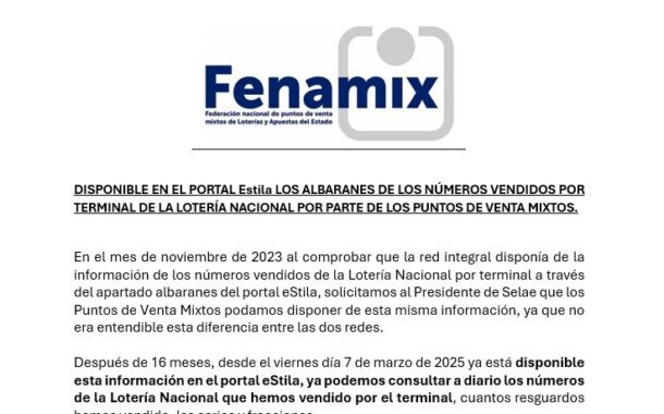 DISPONIBLE EN EL PORTAL Estila LOS ALBARANES DE LOS NÚMEROS VENDIDOS POR TERMINAL DE LA LOTERÍA NACIONAL POR PARTE DE LOS PUNTOS DE VENTA MIXTOS.